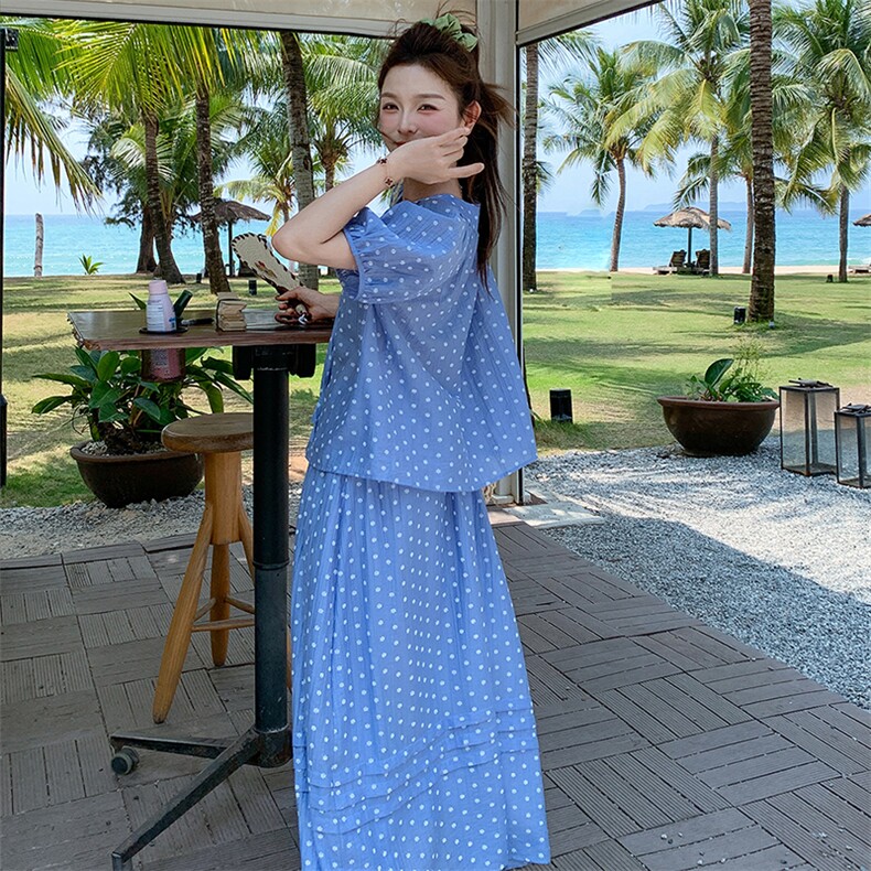 盐甜系度假风波点套装裙女2025夏新款短袖衬衫半身裙小个子两件套,女装套装/套裙,浙宝305