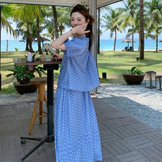 盐甜系度假风波点套装裙女2025夏新款短袖衬衫半身裙小个子两件套，女装套装/套裙，浙宝305