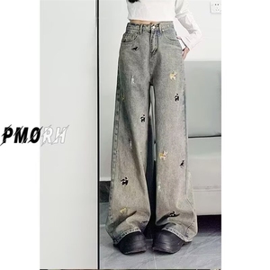 6626-P42 美式复古趣味小狗刺绣牛仔裤女夏季新款高腰显瘦直筒图片