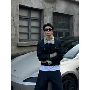 翻领格子工装夹克牛仔外套男宽松直筒牛仔裤搭配一套TZ06-P122