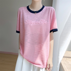 夏季新款竹节麻拼色圆领立体字母短袖女修身显瘦百搭时尚休闲上衣图片