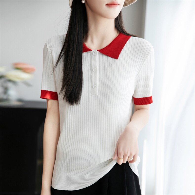 2025夏季新款POLO领拼色冰丝正肩短袖女修身显瘦轻薄百搭T恤上衣,女装T恤,菲奥羊绒