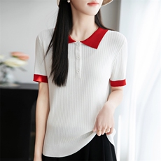 2025夏季新款POLO领拼色冰丝正肩短袖女修身显瘦轻薄百搭T恤上衣，女装T恤，菲奥羊绒