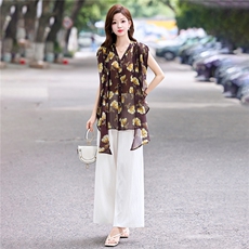 2025夏季新款设计感气质法式复古印花收腰衬衫阔腿裤两件套，女装套装/套裙，妙形