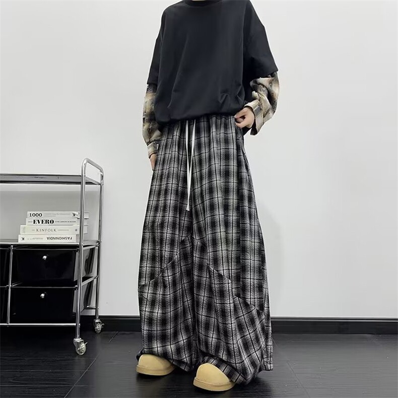 美式复古慵懒风双腰头拼接格子裤子男夏季爵士舞宽松阔腿裤休闲裤,男装休闲裤,星座813-2