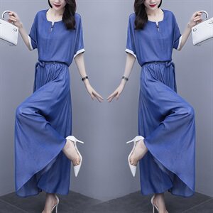 2023女装夏装套装时尚时尚大码宽松显瘦束腰中长款百褶裙两件套潮图片