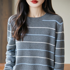 2025简约百搭针织细条纹套头衫，女装针织衫/毛衣，长今羊