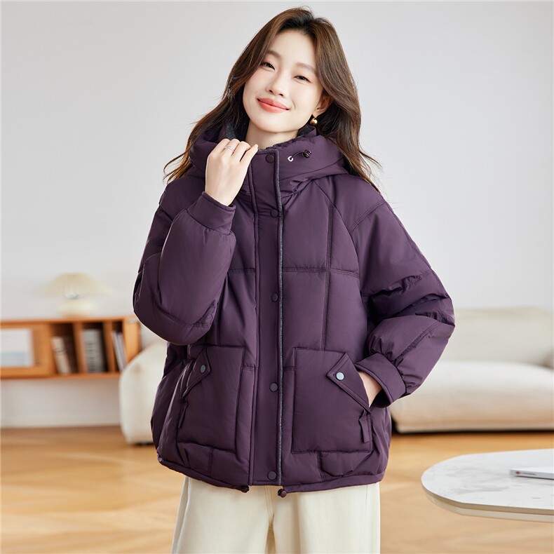 2025年冬季新款连帽拼接时尚棉服女加厚保暖,女装棉衣/棉服,忆绮罗