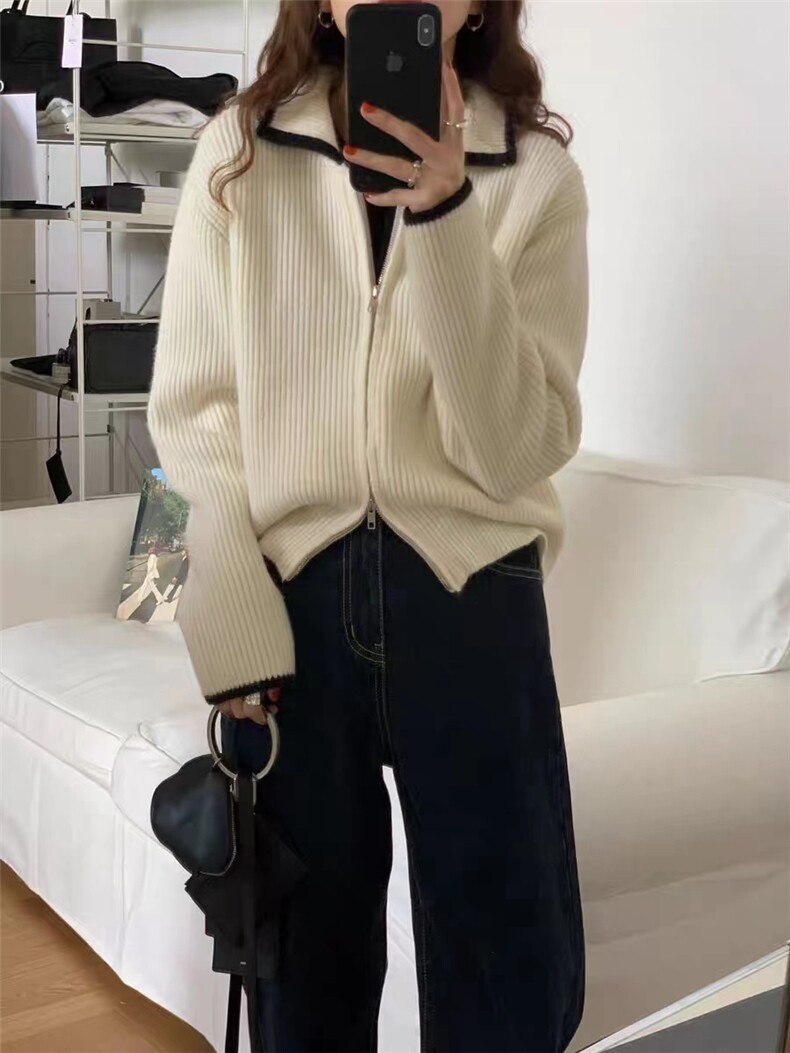 时尚百搭秋季新款小香风拼色拉链针织开衫简约休闲宽松显瘦羊毛衫，女装羊毛衫，恒恩羊绒