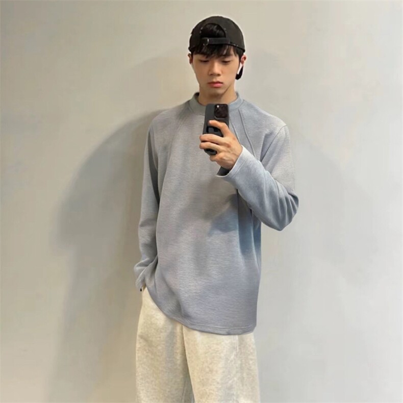 抖音得物品质26春装美式高街宽松曼巴棉螺纹拼接卫衣圆领长袖T恤,男装T恤,电商A443