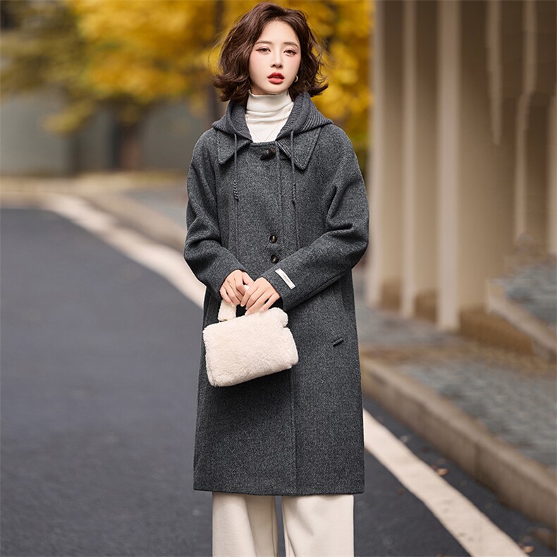 现货、、、2024年秋冬新款休闲气质可拆卸帽子双面呢大衣,女装双面呢大衣,魅丽静蓝