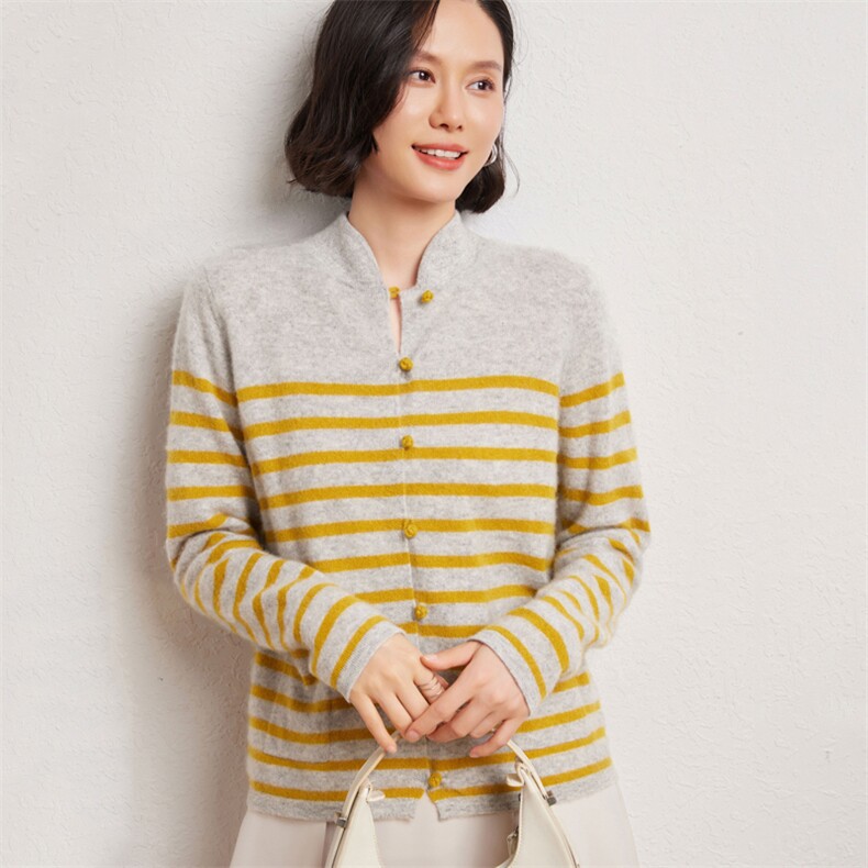 时尚女士中式立领条纹开衫优雅显瘦10%外套,女装羊绒衫,臻维羊绒