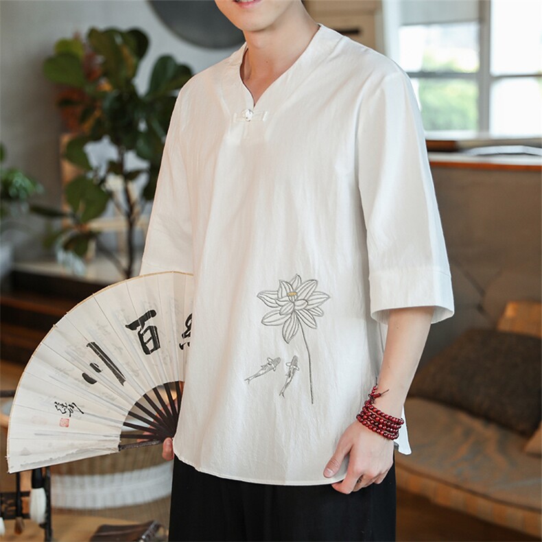 2022夏季新款盘扣荷花绣花短袖棉麻大码T恤B343-T2025,男装T恤,电商A021