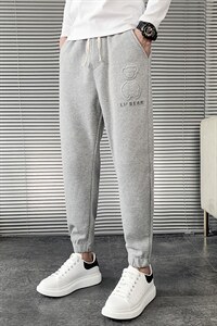 网红华夫格休闲裤男韩版潮流2025秋冬季新款小熊压花长裤修身小脚，男装休闲裤，电商A327