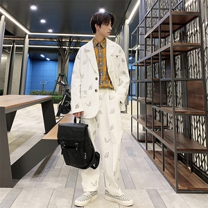 港风秋季反光蝴蝶印花西装男秋季宽松大码西服A090-TZ10 P90限128图片