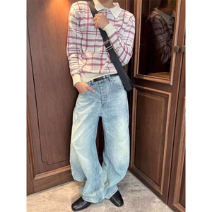 老钱风红白格纹复古针织衫polo领cleanfit长袖百搭 MY2591批68图片