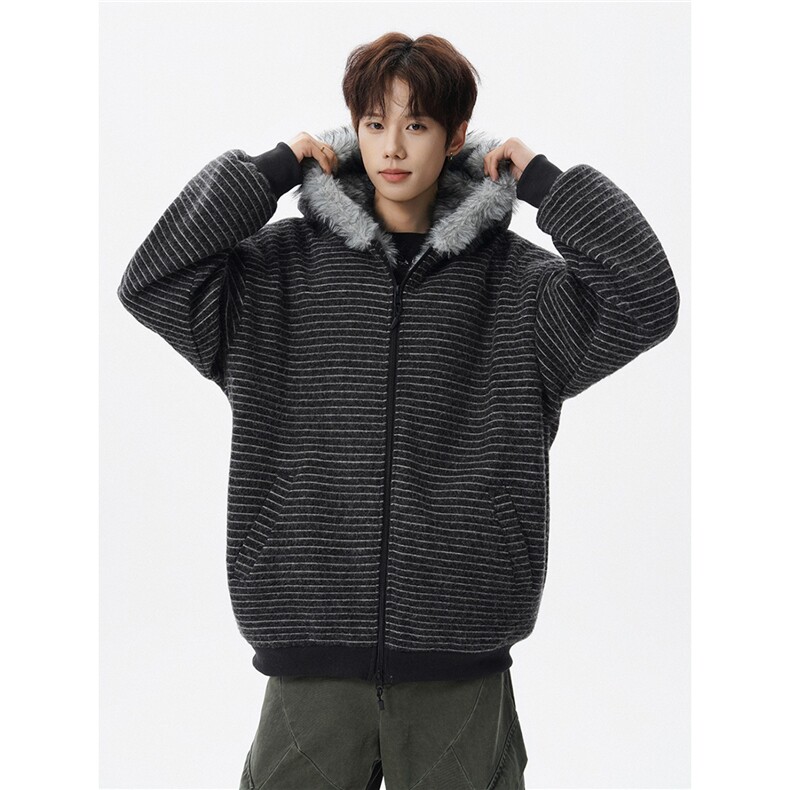 1506/QYRJM60340/P102美式猫耳朵连帽棉衣重磅座山雕条纹棉服图片