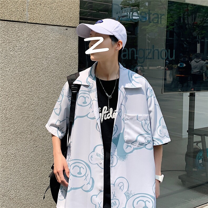 1港风休闲情侣大码短袖衬衫男潮帅气半袖衬衣男士寸衫DCS766P40控图片