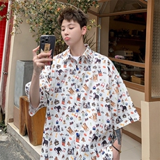 胖胖哥复古卡通印花短袖衬衫男2025新款夏季大码衬衣外套宽松上衣，男装衬衫，电商A022