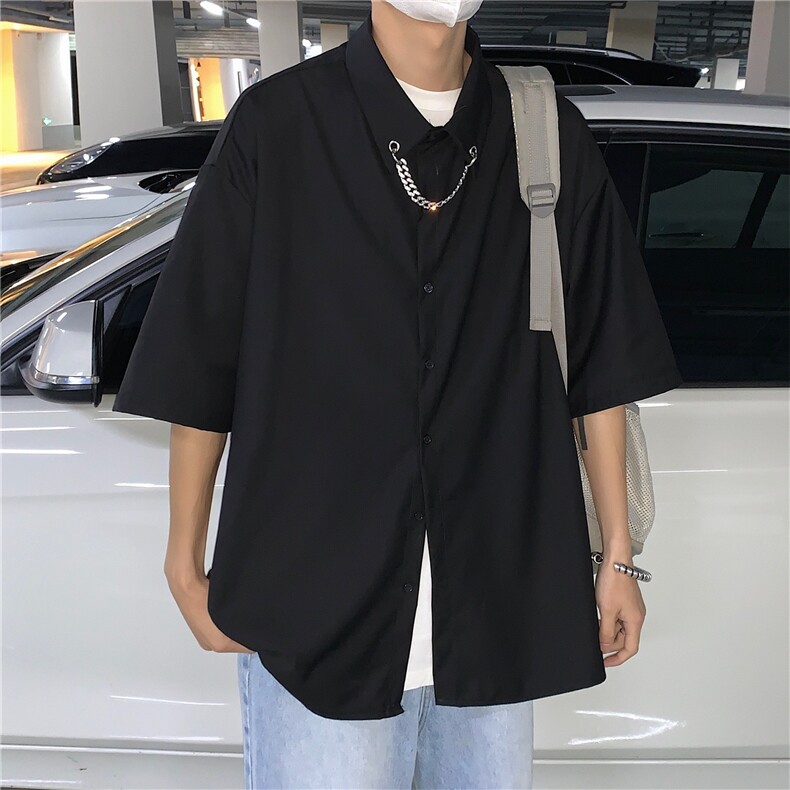 港风大码短袖纯色衬衫青年男生ins宽松情侣衫B299-X5275-P45限65,男装T恤,电商A061-1