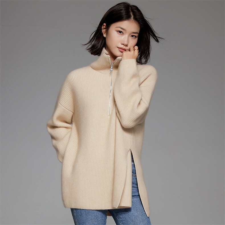 秋冬季新款百搭三股元宝针女式35%羊绒衫翻领半开拉链,女装羊绒衫,隆秋羊绒