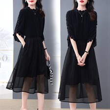 2022现货秋冬新款打底裙子条金丝绒上衣收腰显瘦时尚两件套女装，女装套装/套裙，韩然一族