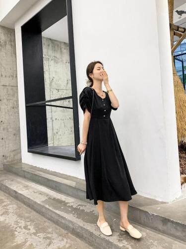 贝壳扣连衣裙后背花朵连衣裙赫本风，女装连衣裙，贻思茗