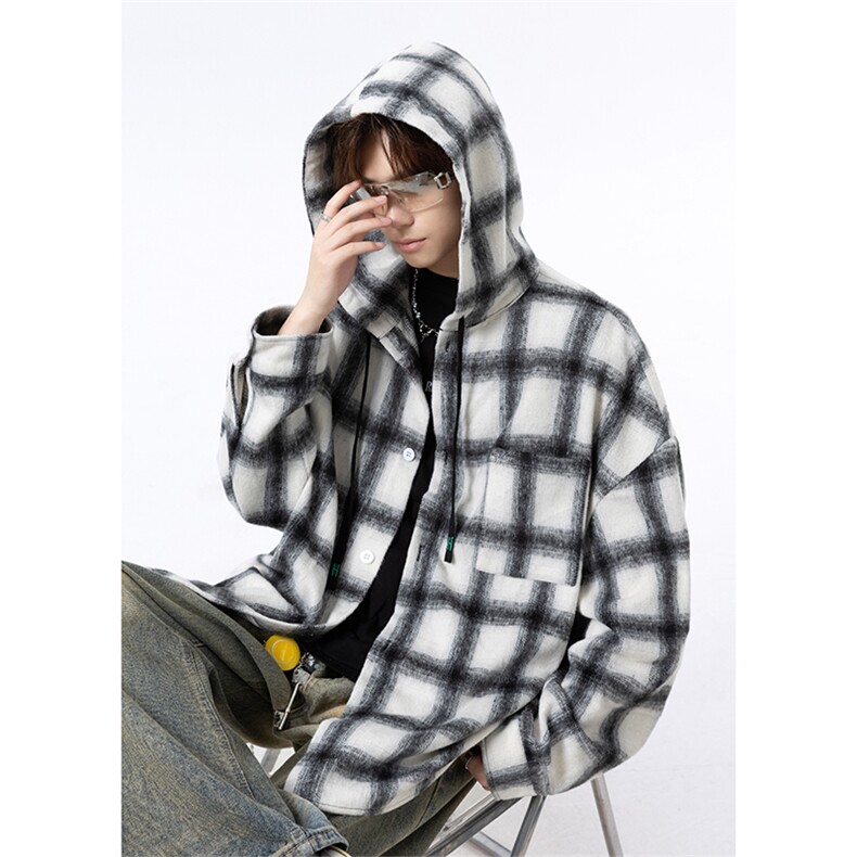 磨毛加厚连帽外套秋季美式慵懒风格子长袖衬衫C2257-特价P45，男装衬衫，电商A007