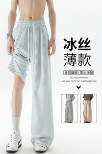 8XL-M条纹裤子男夏季薄款宽松慵懒风休闲大码直筒阔腿裤KZ046P45图片