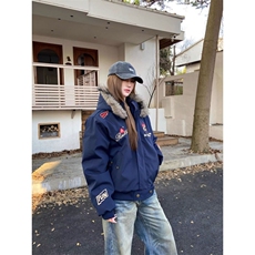 1506/QLE93350/P94美式复古毛领刺绣连帽开衫男女情侣上衣棉衣，男装棉衣，星座1506