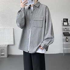 衬衫男秋季新款港风宽松大码立体口袋纯棉条纹长袖衬衣CS3099-P42，男装衬衫，星座214-3