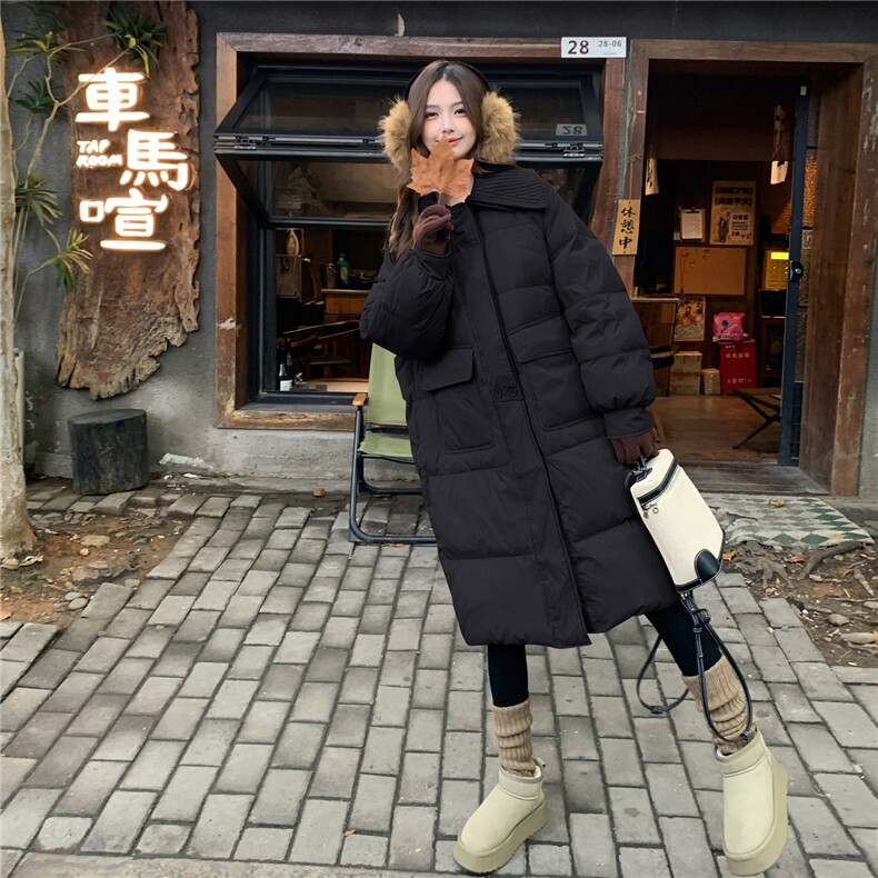 米白色松弛感针织拼接翻领长款羽绒服女2025冬季新款加厚保暖外套,女装羽绒服,2C159