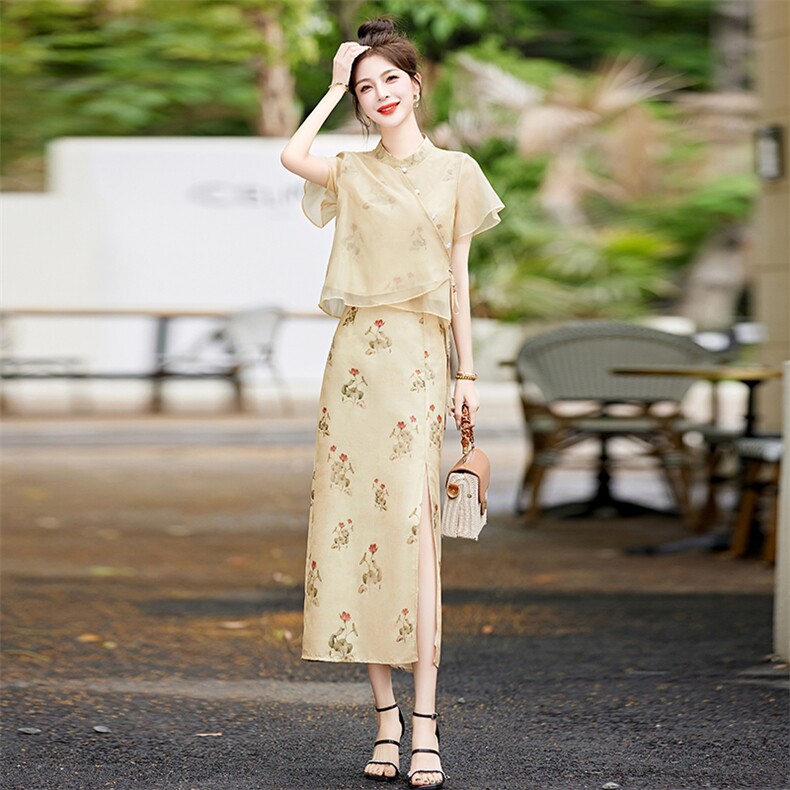 新中式国风高端气质优雅改良旗袍连衣裙女2025夏季新款民族风裙子,女装套装/套裙,伊仟回