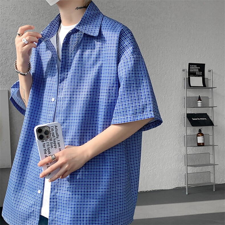 8XL-M短袖衬衫男夏宽松慵懒风痞帅条纹格子衫半袖外套DC28005P40图片