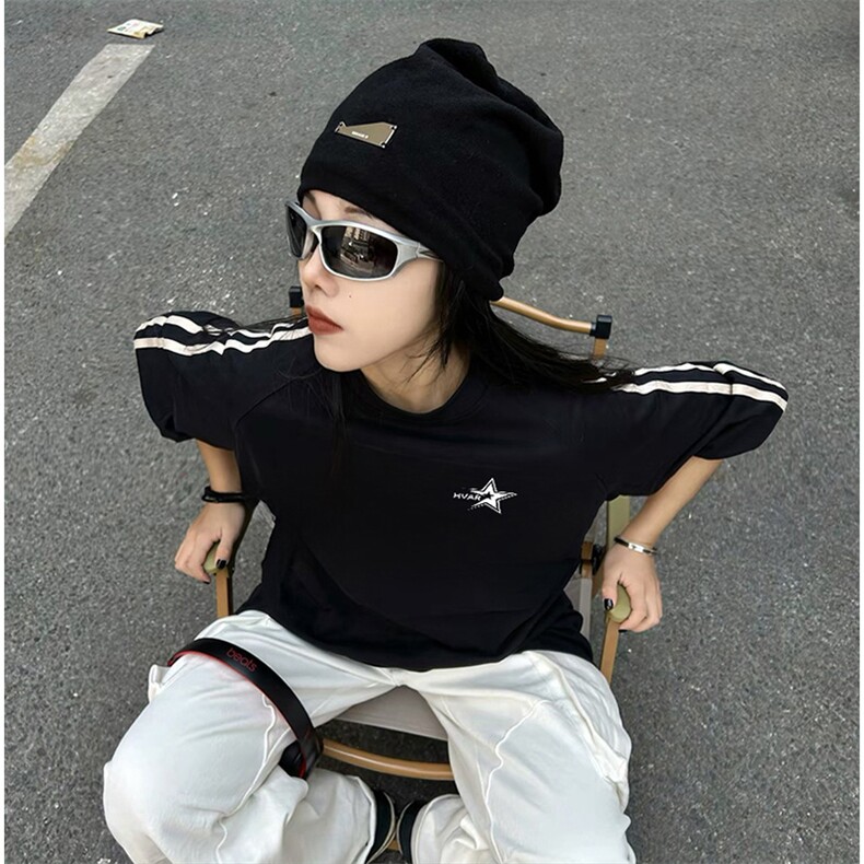 抖音得物高品质二开240克宽松纯棉美式潮牌三条杠织带短袖T恤，男装T恤，电商A486-1