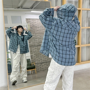 长袖连帽格子衬衫男女款春复古格纹休闲慵懒情侣衬衣特价35图片