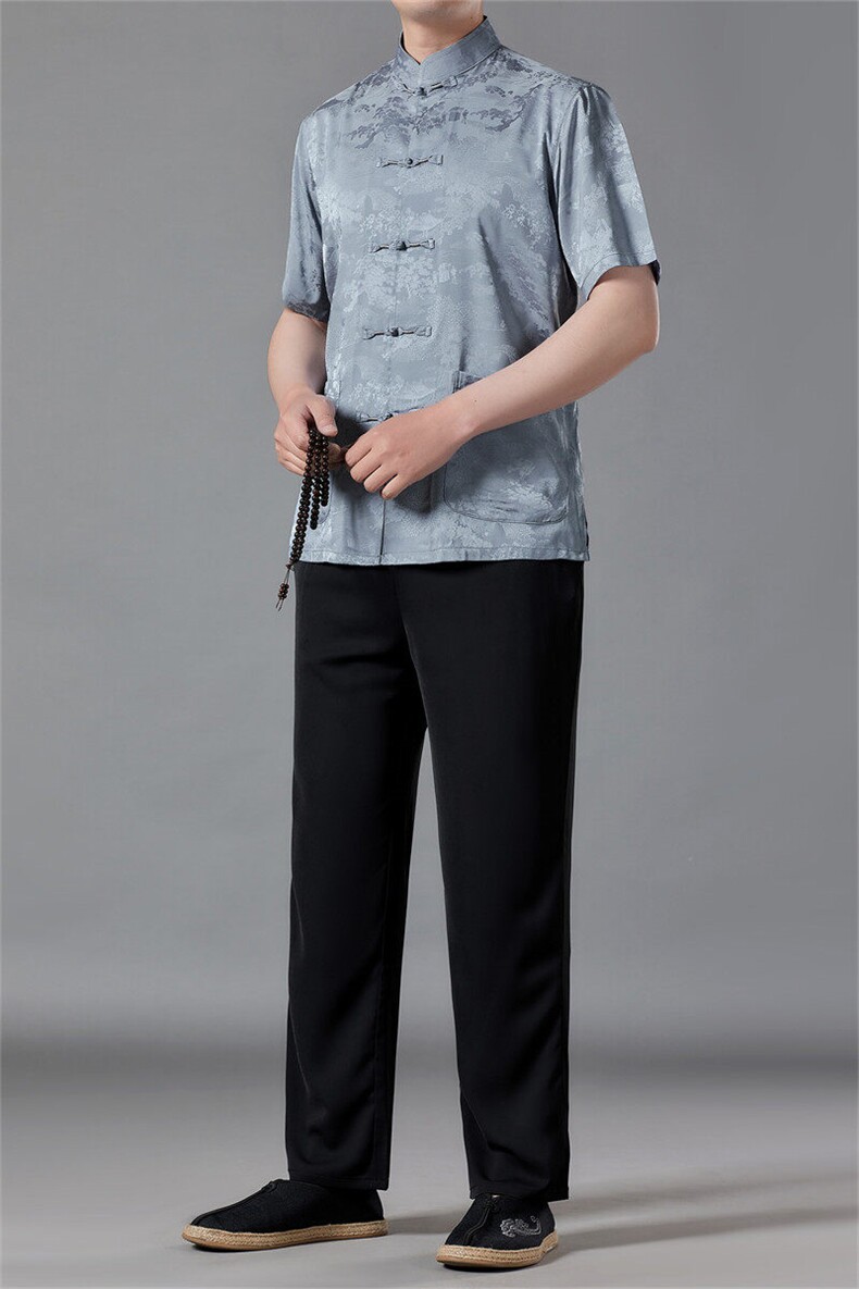风高品质山水画提花唐装男装夏季透气中式汉服爸爸套装,男装休闲套装,钱塘6003（原4033）