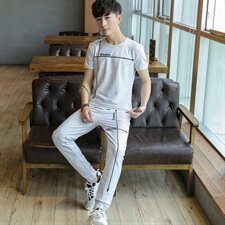2021夏季男圆领短袖九分裤套装刺绣男韩版修身棉T恤A112-T705-P60，男装套装，星座1206（原A206）