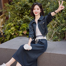 【现货新品】减龄百搭牛仔半身裙两件套2024秋季新款，女装套装/套裙，慕依路
