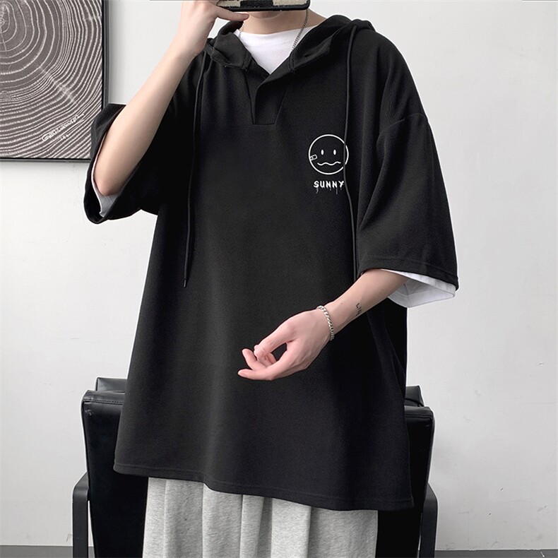 LD54072-P45连帽短袖t恤男大码胖子带帽五分袖中袖大皂风,男装T恤,电商A040