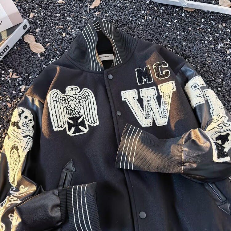 欧美复古高街头潮牌黑骷髅刺绣棒球服男女嘻哈夹克炸街情侣外套,男装夹克,星座218-8