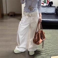 美式复古刺绣反穿牛仔裤女夏季新款宽松廓形弯刀长裤LN60933-P53，男装牛仔裤，星座1008