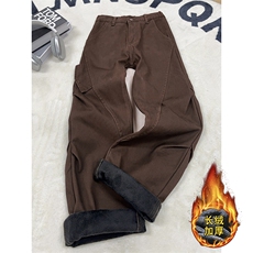 B221美式ins高街斜切宽松加绒洗褪工装牛仔裤LK25602-特P60控108，男装牛仔裤，电商B221