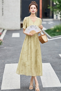 新中式国风印花连衣裙女2025夏季新款气质V领收腰显瘦绝美长裙子图片