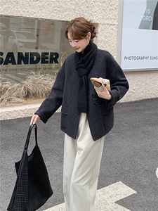 深灰色牛角扣双面羊绒大衣女2025秋冬新款高级感气质显瘦毛呢外套图片