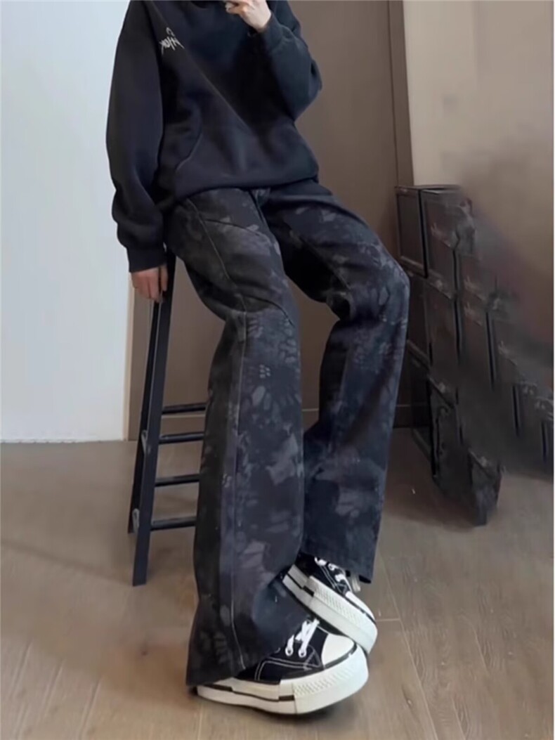 美式迷彩牛仔裤男痞帅弯刀裤窄版直筒微喇裤LS60311-P44加绒53,男装牛仔裤,星座1008