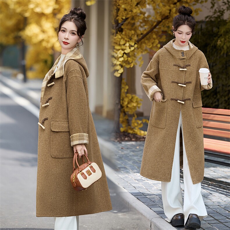 格纹拼接双面呢羊绒大衣女中长款2025秋冬连帽牛角扣减龄毛呢外套，女装双面呢大衣，采品优优
