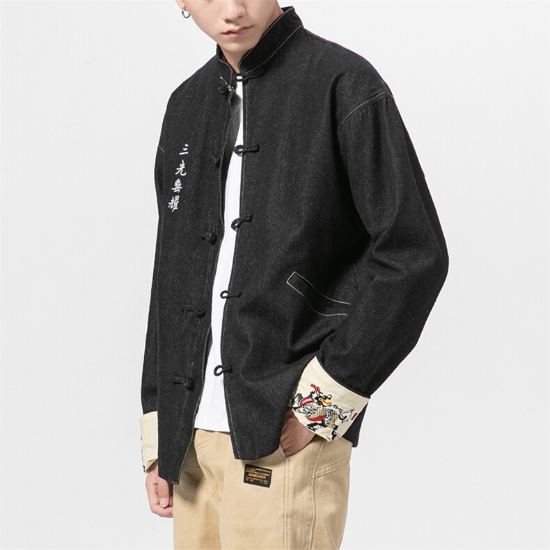 20秋冬大码唐装风牛仔夹克盘扣麒麟刺绣外套汉服JK17/P155，男装夹克，电商A221A