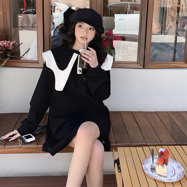 黑色娃娃领卫衣连衣裙春秋女2024新款小个子宽松减龄中长款卫衣裙,女装连衣裙,诺蝶