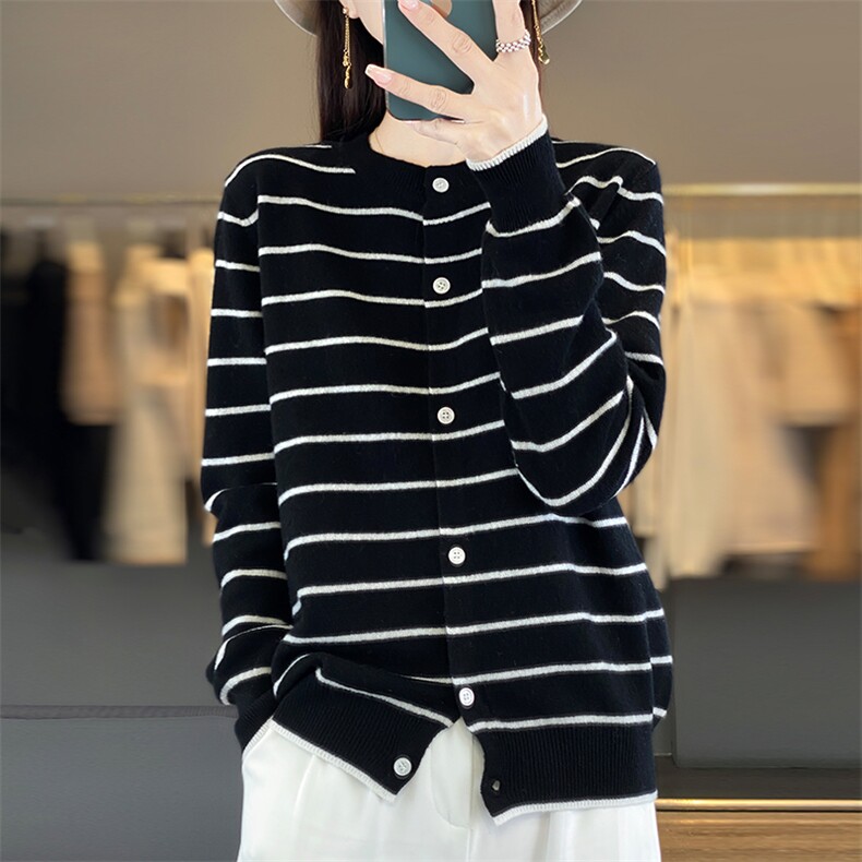 女士秋冬新款百搭简约时尚条纹圆领羊毛开衫，女装羊毛衫，悦玛羊绒